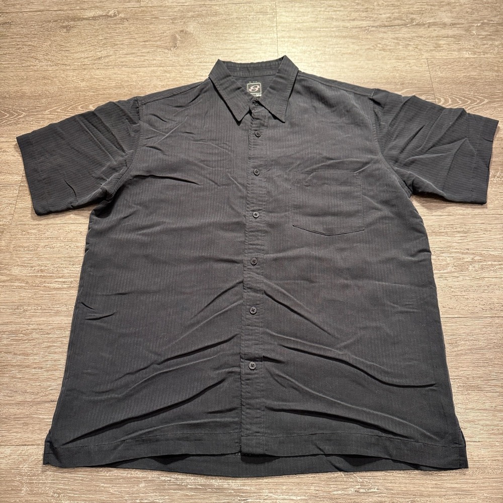 Anchor Blue Shirt Mens Medium Black Striped Rayon Blend 90s Y2K Bowling Sopranos